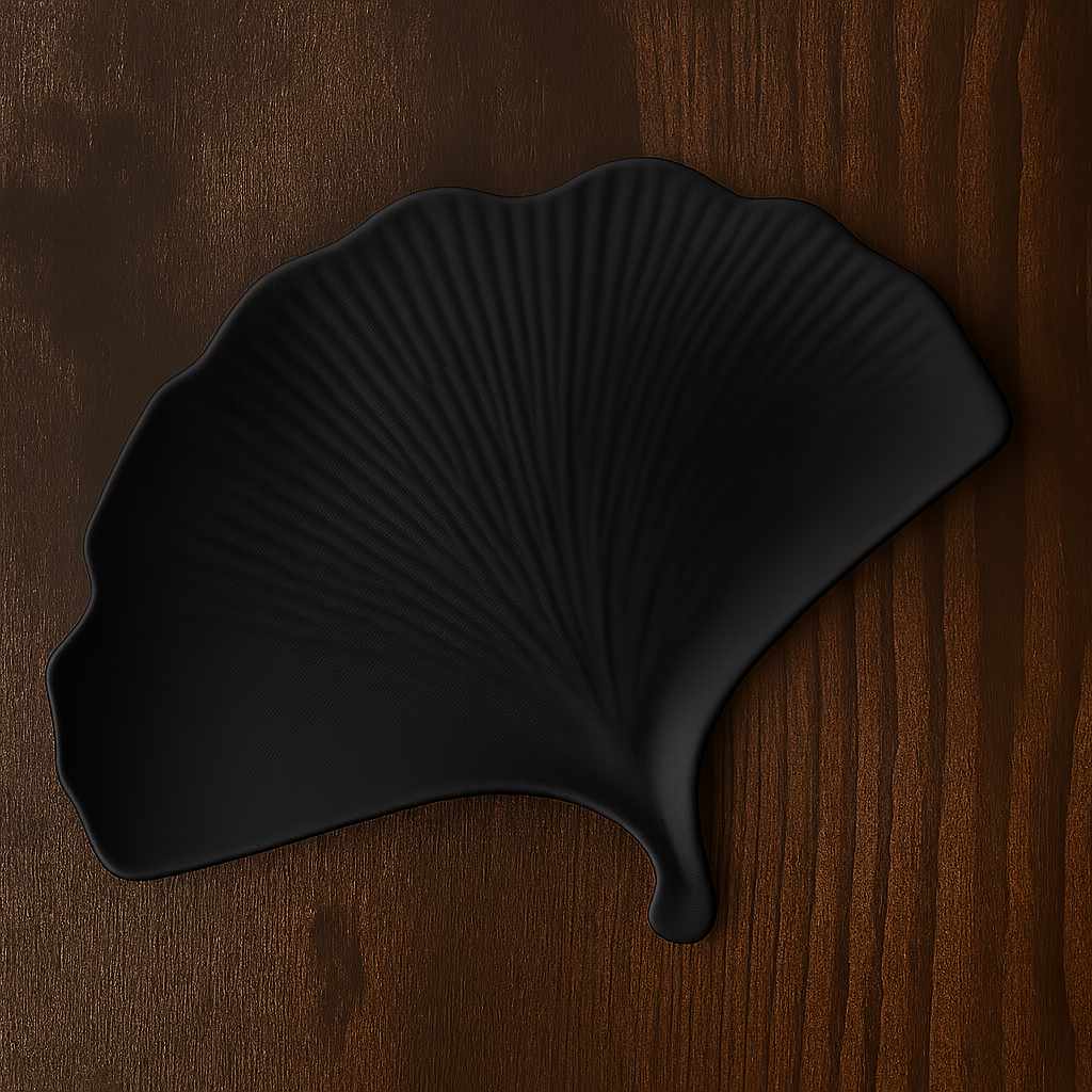 Black leaf-shaped object on a wooden surface