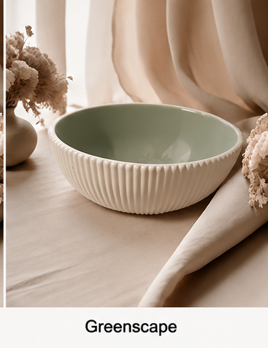 A ribbed cement bowl with a pale mint green interior and a warm off-white exterior, styled on a beige fabric surface with dried flowers and draped fabric in the background. The word 'Greenscape' appears below the bowl.