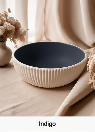 A ribbed cement bowl with a cream-colored exterior and a dark indigo-blue interior, styled on a beige fabric surface with dried flowers and draped curtains in the background. The word 'Indigo' is printed at the bottom.