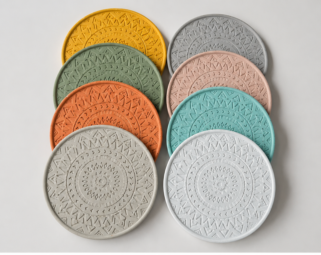 Set of round cement coasters in various colors on a light gray background
